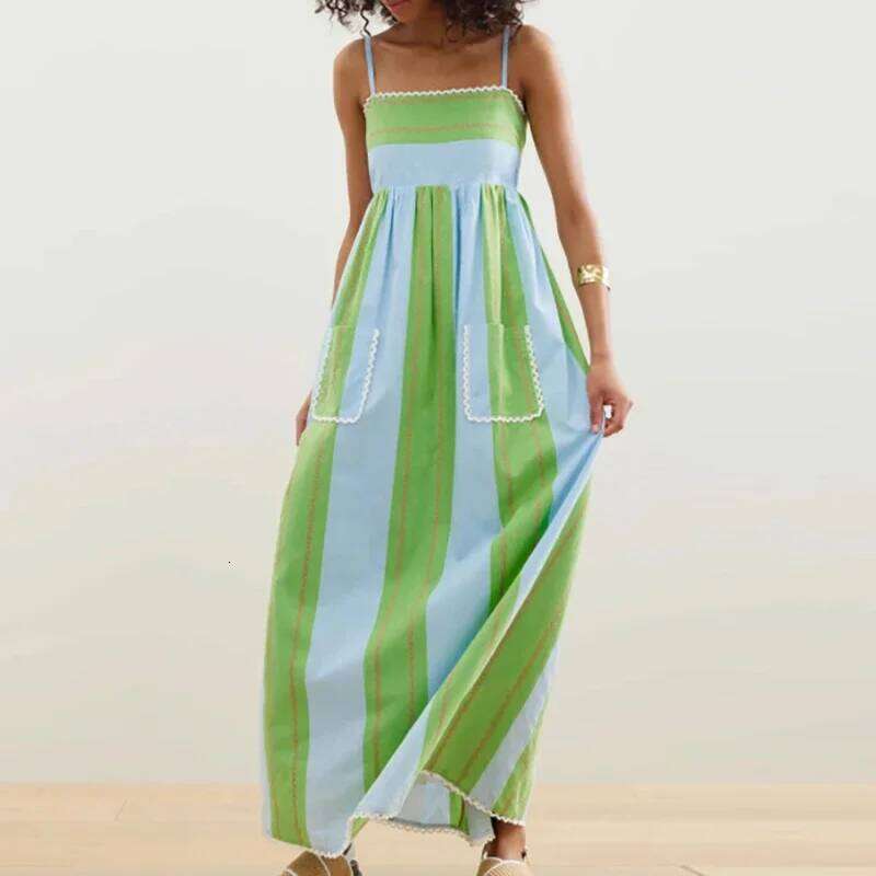 Elegant Suspenders Contrast Lace Stripe Bohemian Summer Retro Backless Hollow Pocket A-line Maxi Dress For Women 2025