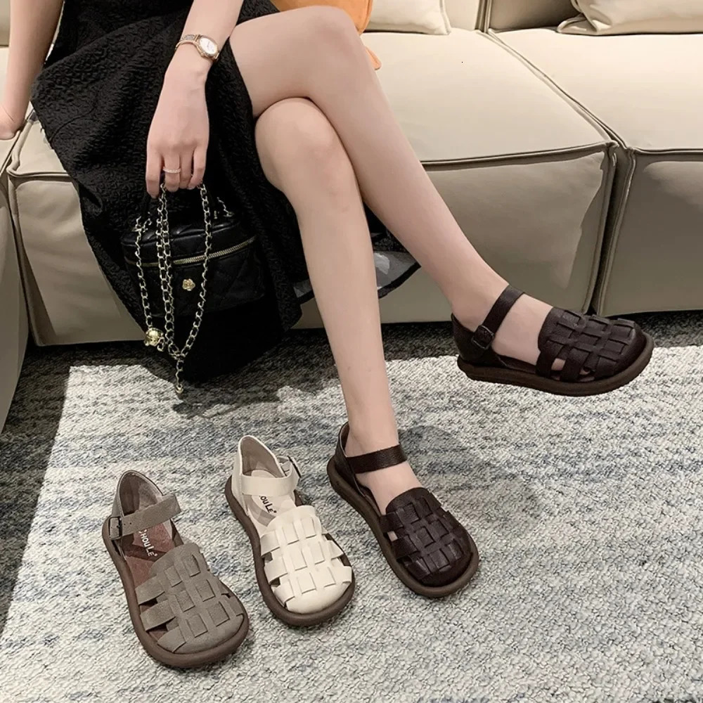 Womens Summer Zapatillas De Mujer Shoes Square Toe Flat Sandals Leather Women Gladiator Sandals Slip on Ladies Beach Shoes 250609