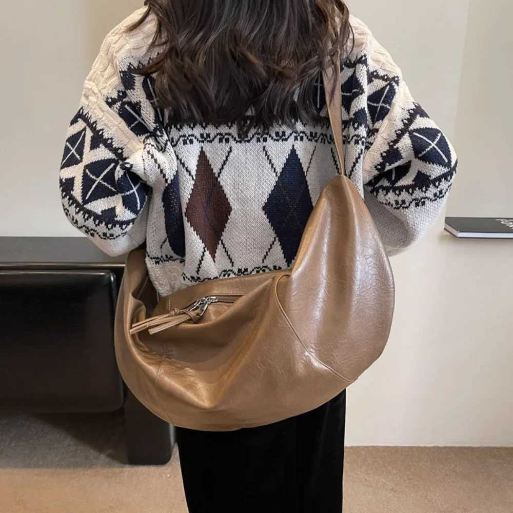 Retro Korean Version Ins Hobos Bag Causal Large Capacity PU Soft Simple and Casual 2024 New Tote Leather Shoulder Bags Women BagXJ250610