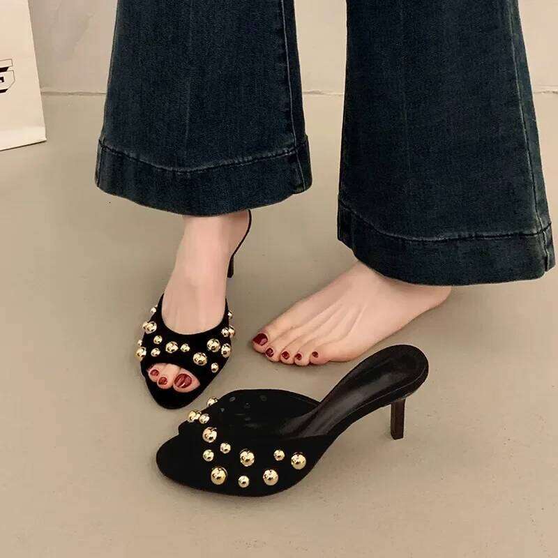 Novelty Thin Heels Peep Sandalias De Crystal Square Toes Slip On Woman Slippers Solid Patent Leather Zapatos Mujer 42