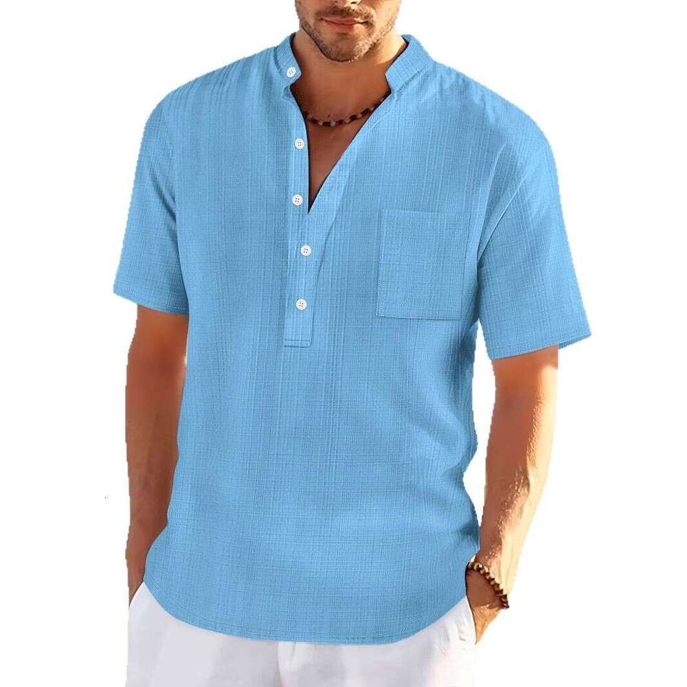 Spring Summer Men's Stand Collar Short Sleeve Loose Casual Vacation Henley Shirt Men B5