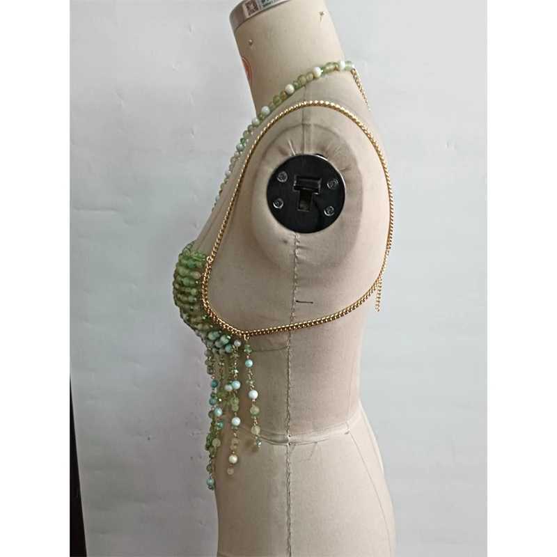 Handmade Hollow Out Backless Crystal Beaded Body Chain Bralette Top Halterneck Multi Bead Drip Detail Cover Up Bralet In Green W250611