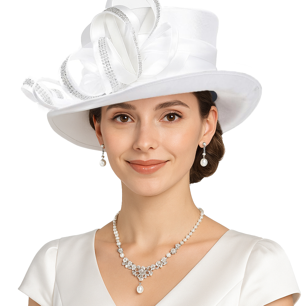 Elegant Royal Blue Church Hat for Women Wide Brim Formal Derby Tea Party Hat with Ribbon and Rhinestone Decoration