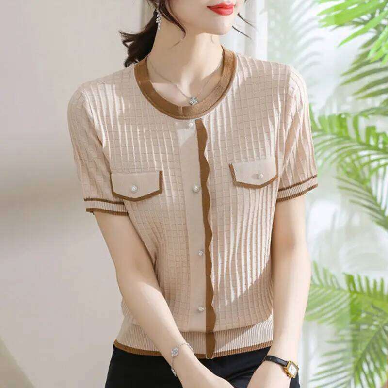 Ladies Fashion Loose Patchwork O-neck Knitting Pullovers Summer Fashionable All-match Buttons Screw Thread T-Shirts Women Tops
