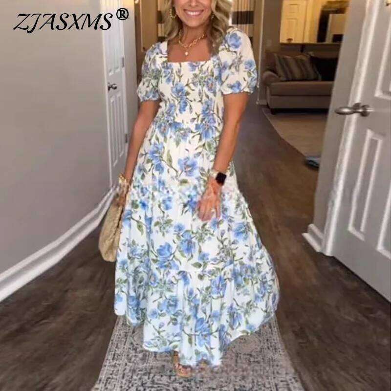 New Summer Print Puff Sleeve Long Dress Woman Beach Sweet Zipper Party Casual Square Collar Floral Bohemian Maxi Dresses