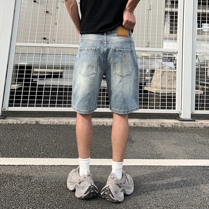 BGC9381 High Street Chinese style embroidery trend handsome diamond denim shorts mens loose casual five-minute pants 250611