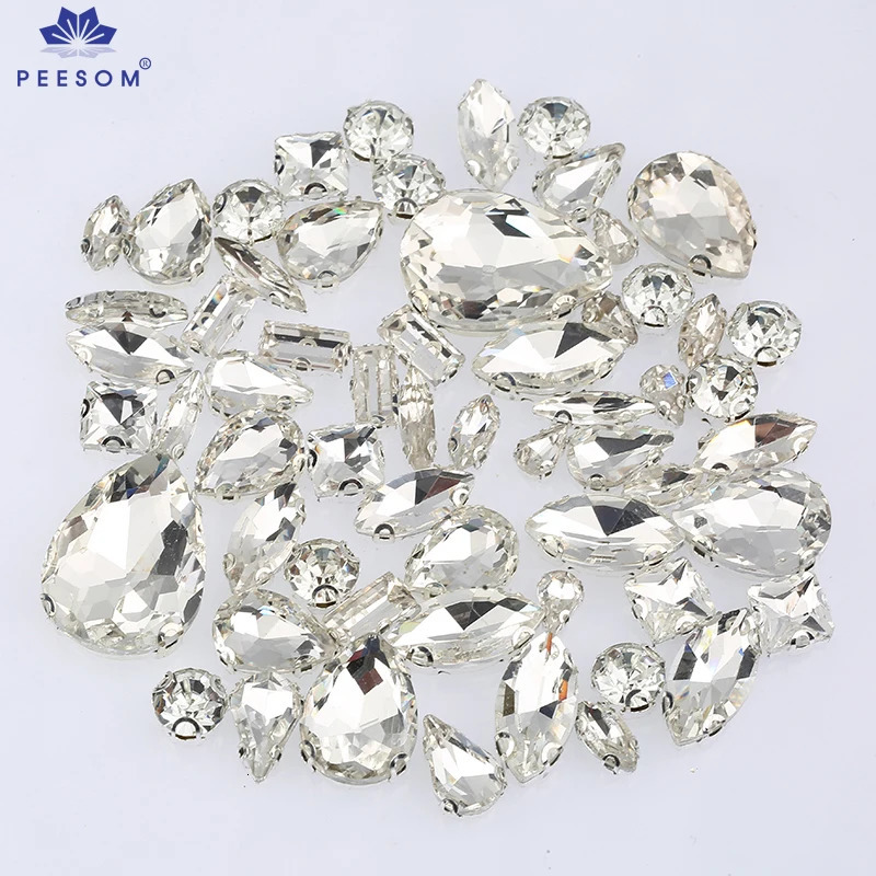 PEESOM 60pcsbag Mixed Shape Crystal Glass SliverGold Claw Flatback Clear Sew On Stone Dress Shoes DIY Accessories 250606