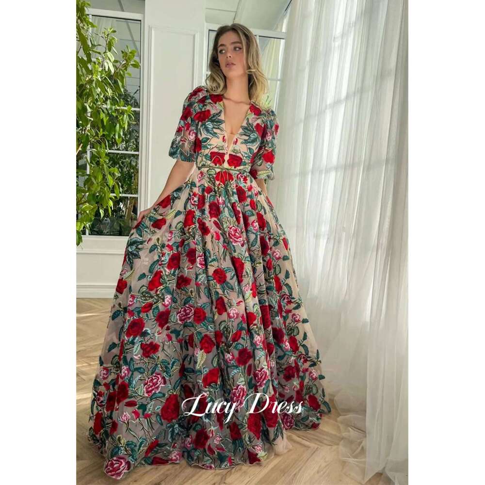 Lucy Party Dress Ball Gown V Collar Wedding Floral Lace Evening Dresses 2024 Prom Women Midi Ladies Gala Woman Customized