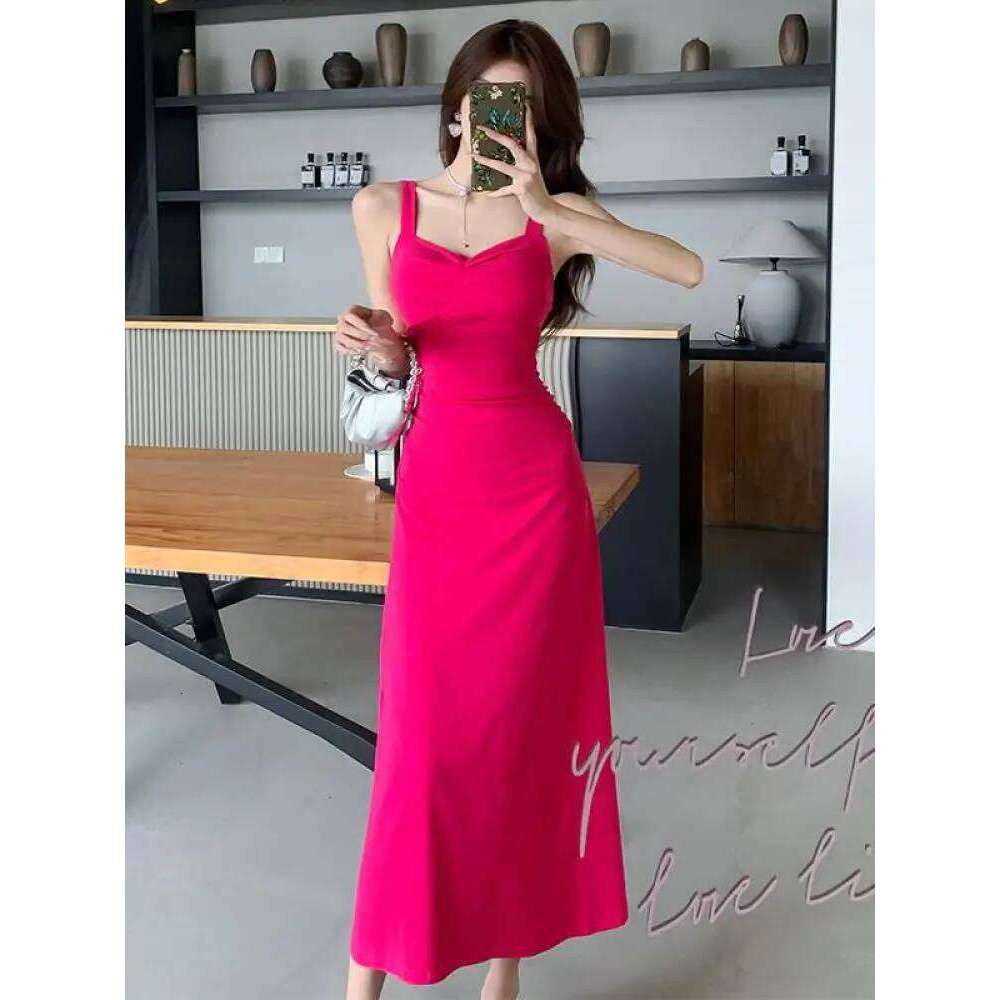 Summer 2025 Black V Neck Elegant Festival Pleated Sexy Party Women Rose Red Sleeveless High Waist Backless Slip Long Dress