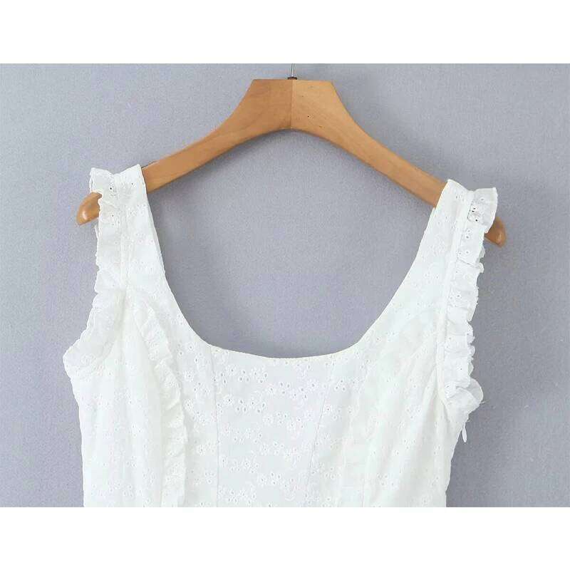 Summer 2025 Women Floral Embroidery Ruffle Sleeveless Mini Dresses Lace Up Bandage Back O Neck A-line Short White Dress