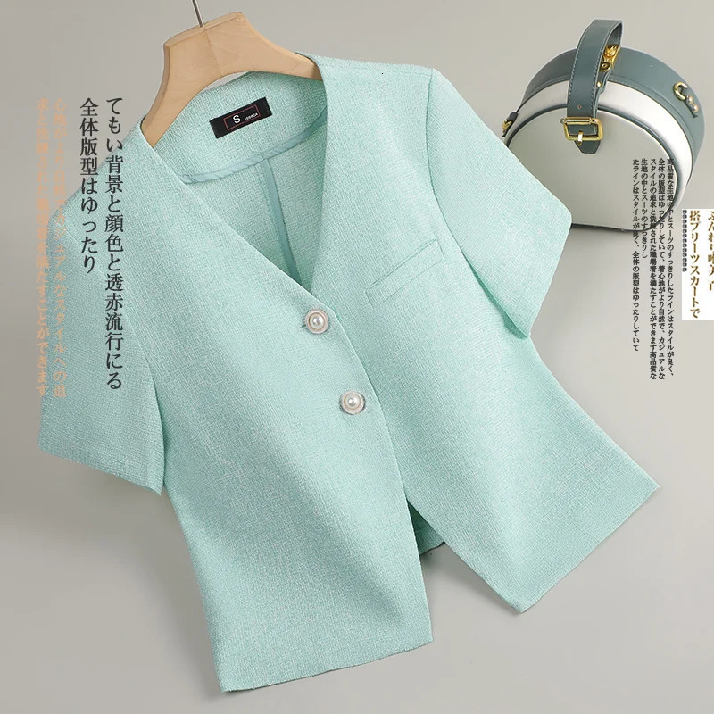 Korean Fashion Womens Solid V Neck Single Breasted Short Sleeve Blazer Coat Summer Office Lady Festival Tops Trend 250610