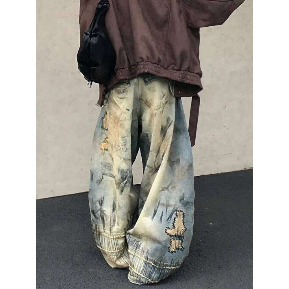 American Street Destruction Style Embroidered Denim Pants Oversized Retro Wash Personality Fashion Loose Casual Wide Leg Jeans
