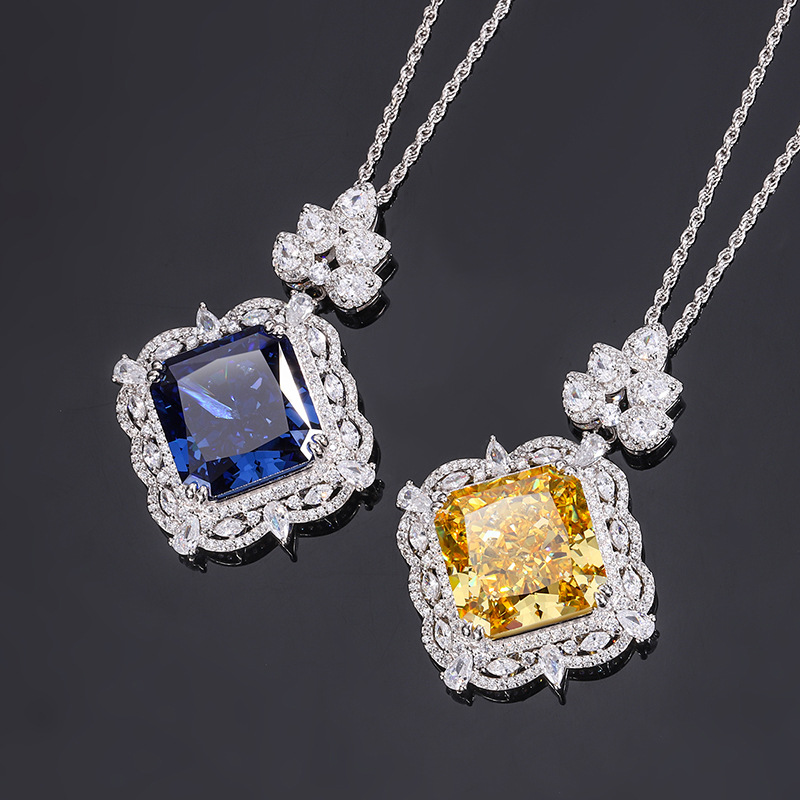 S925 Silver High-Carbon Diamond Royal Blue Square Pendant Necklace, 18x18mm Main Stone Luxury Design, Stylish and Elegant Women's Jewelry, Perfec