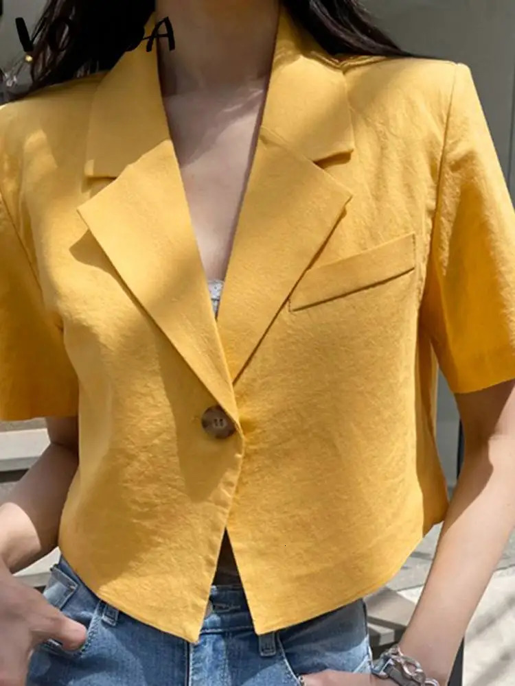 VONDA Elegant Summer Blazer Women Short Sleeve Suit Collar OL Coat Fashion Outwear Solid Color Casual Button Tunic Tops 250610