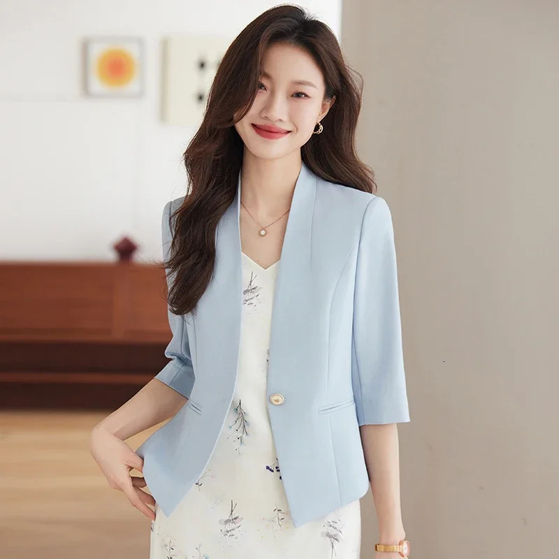 Fashion Summer Women Blazer Half Sleeve Jackets Outerwear Office Ladies Business Work OL Light Blue 250610