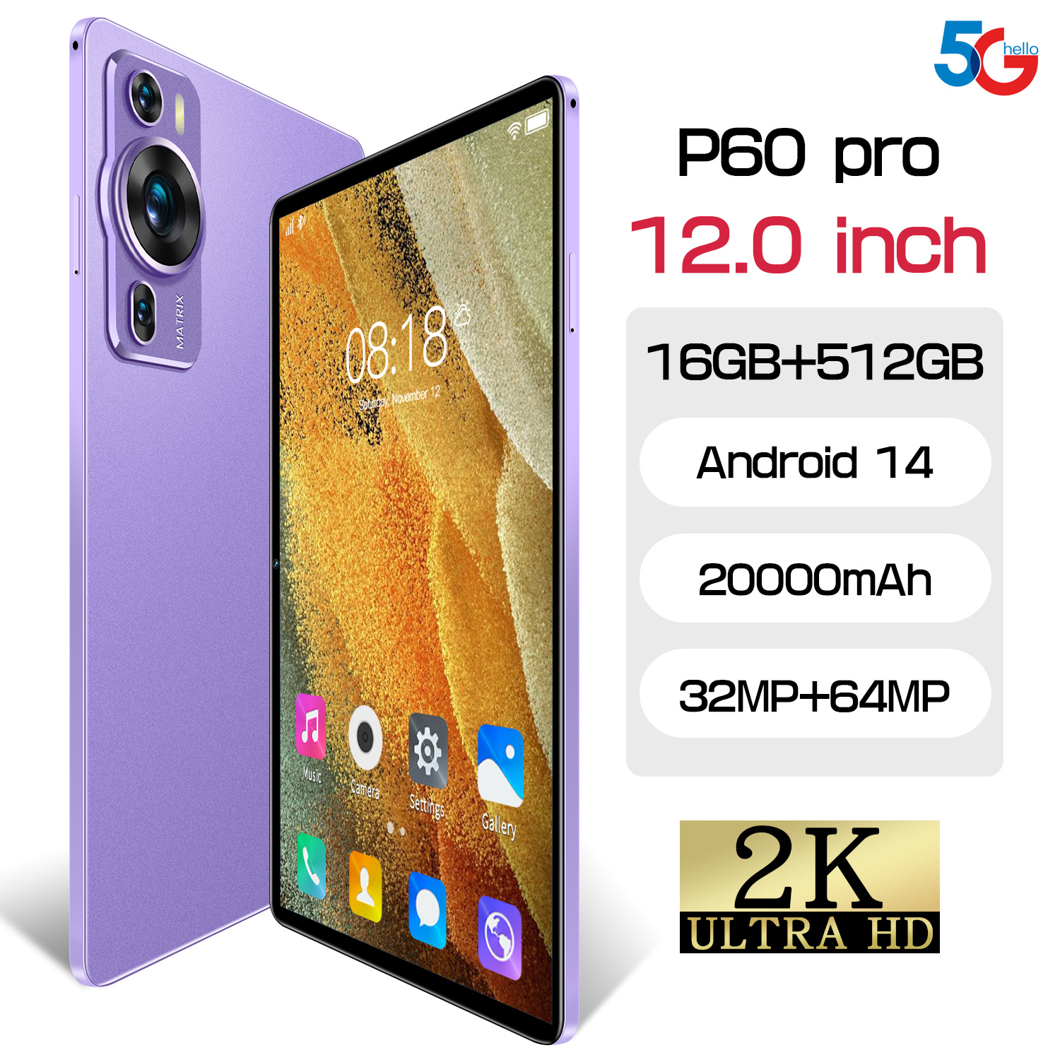 2025 Brand High configuration Global version 12Inch P60 Pro Tablet PC WiFi Android 14 4G Network Business Working Adults Kids 16+1TB Tablet