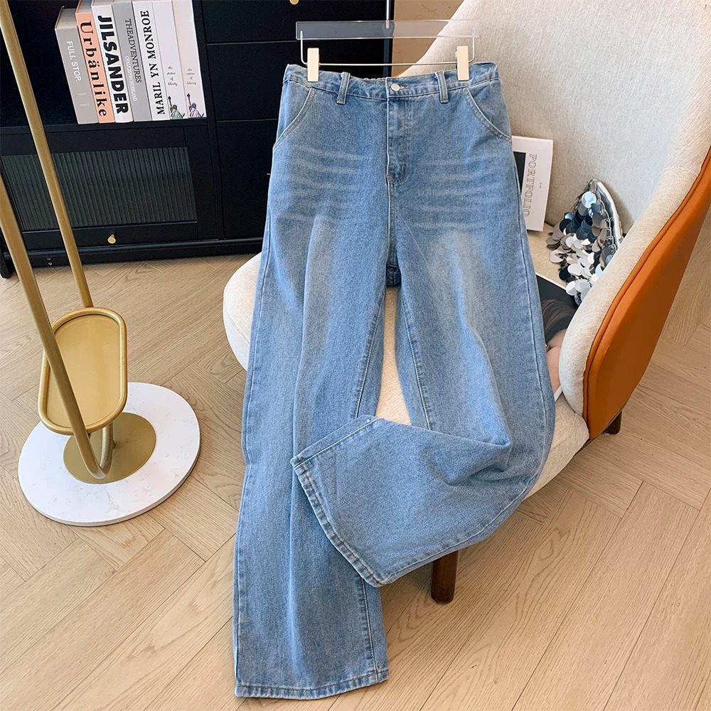 Plussize womens fall casual commute baggy comfort jeans Dark blue highwaiststraight leg button pocket long wideleg pants 250609