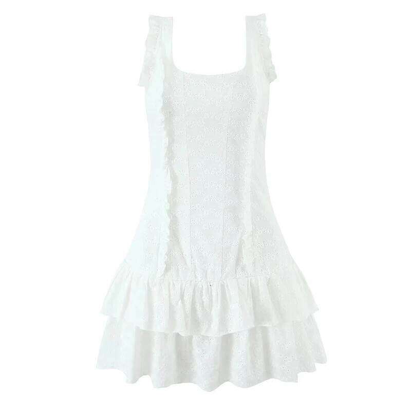 Summer 2025 Women Floral Embroidery Ruffle Sleeveless Mini Dresses Lace Up Bandage Back O Neck A-line Short White Dress