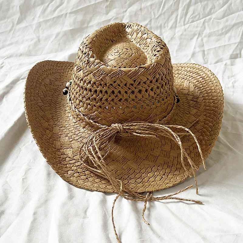Handmade Women Men Straw Hat Summer Beach Shell Vintage Beads Hollow Out Western Wide Brim Sun Hat Fishing Holiday Bohemian Cap 250606
