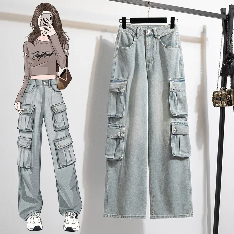 Plus Size Washed Pure Color Womens Low Waist Straight Leg Jeans Multiple Pockets Loose Fit Workwear Trousers Autumn plus Size 250609