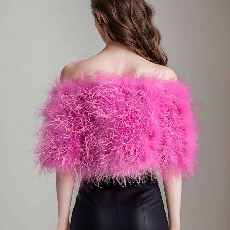Natural Ostrich Feather Half Sleeved Off Shoulder Women's Top, Length 30Cm, Suitable For Parties, Nightclubs, Customizable Size