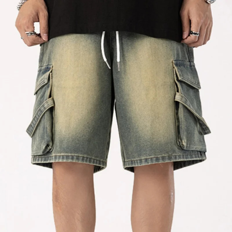 Cowboy shorts mens high-end personalized drawstring loose casual denim five quarter pants loose plus wide leg pants 250611