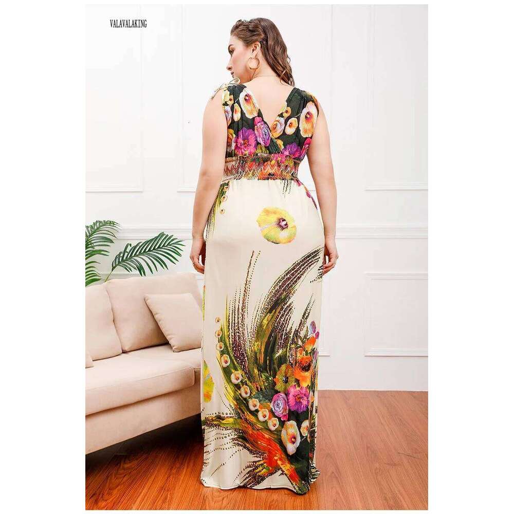 2025 Sexy Sleeveless Plus Size Women For Summer Flower Print V-neck Long Ladies Elegant Large Backless Holiday Dress