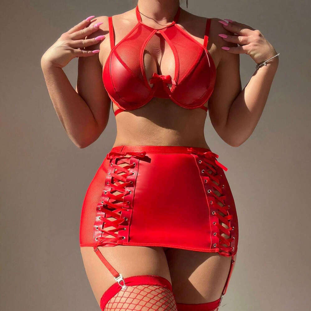 Spell Lingerie Porn Suits Sexy Sheer Lingerie Temptation Leather Bodycon Dress Underwear Garter Belt Four Piece Set Sexy Lingerie
