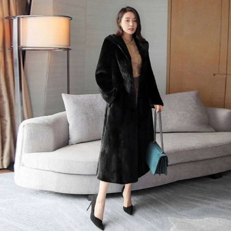Brand Coats Women Big Size Long Jacket Hooded Warm Thick Winter Outerwear Black Faux Mink Fur Coat Clothing