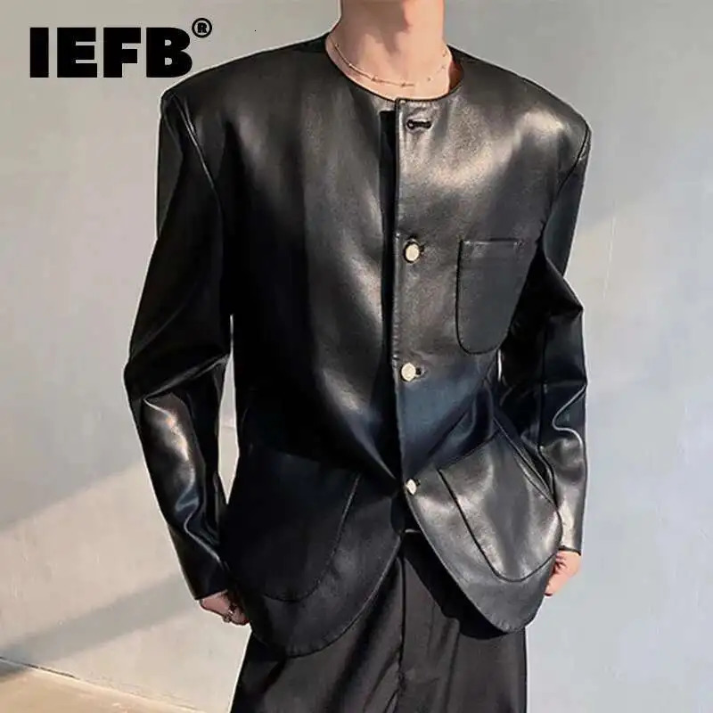 IEFB Spring Trendy Mens Pearl Button Slim Fit PU Leather Jacket Round Collar Korean Style Men Single Breasted Jackets 9W968 250611