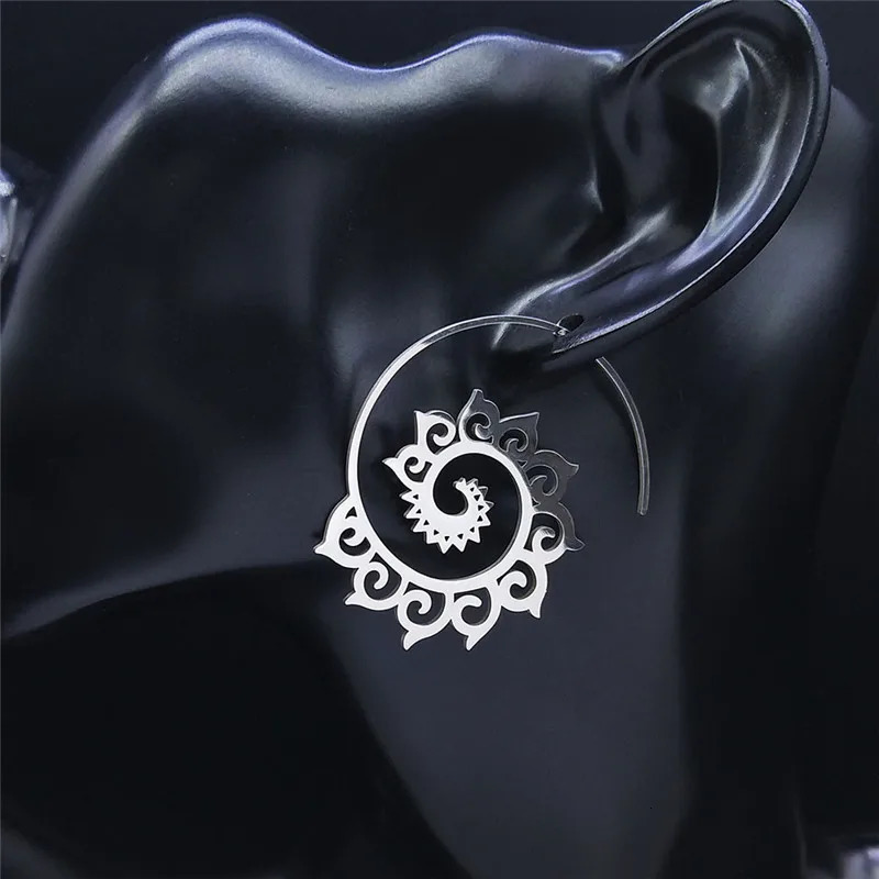 Indian Tribal Ethnic Stainless Steel Spiral Hoop Earrings Bohemian Mandala Flower Boho Earrings Women Jewelry aros mujer E9205 250610