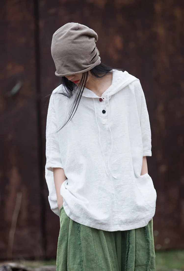 Yasuk Summer Casual Shirts Pullover Womens Loose Tees Gentle Heart Sport Cotton Linen Hooded Tea Coat Solid Chinese Style Retro 250610