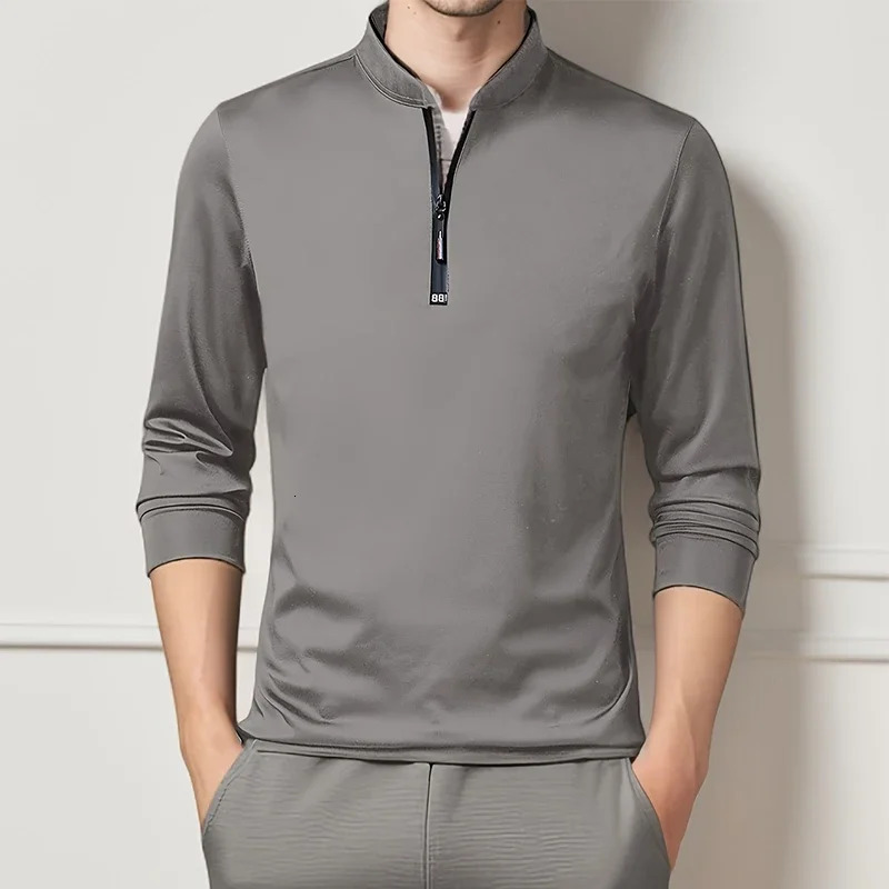Mens Casual Fashion Solid Color Long Sleeved Polo Shirt Stand Up Collar Versatile Comfortable Top 250610