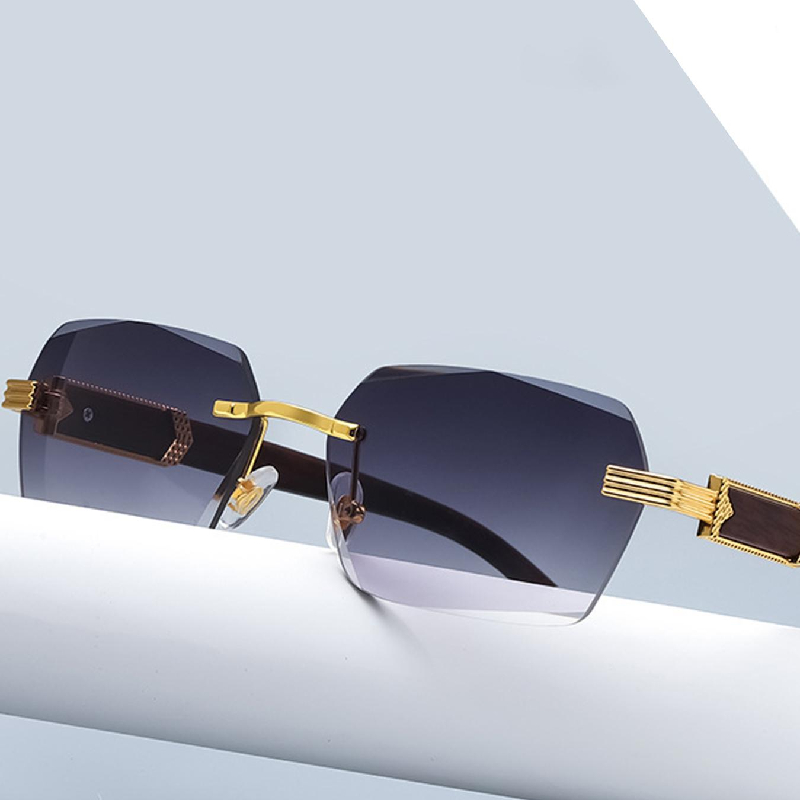 Women Luxury Rimless Sunglasses Rectangle Anti UV400 Color Lens with Wooden Grain Leg Unisex Retro Shades