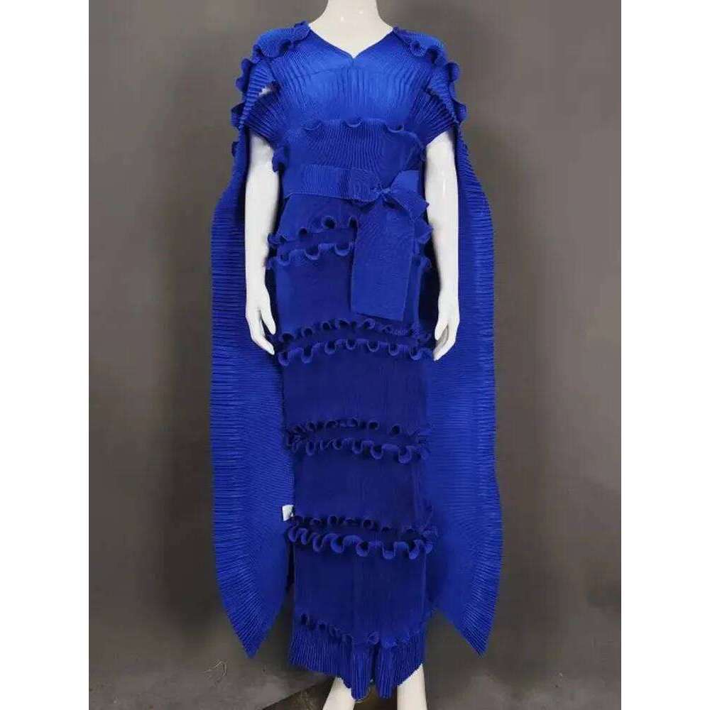LANMREM Pleated Dress Women V Neck Half Sleeve Solid Color Cloak Loose Style New Tide 2025 Dresses 32F1137