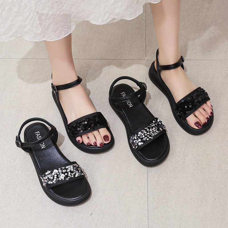 Trendy Sequin Platform Non Slip Sandals Summer Outdoor Lightweight Thick Sole One Strap sandal Beach Roman Shoes For Women Ddmysaturn