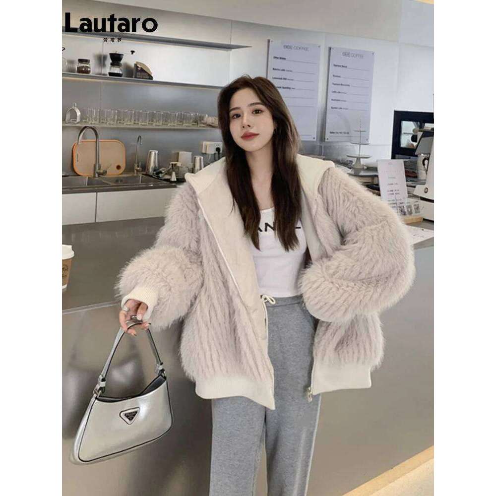 Lautaro Autumn Winter Loose Casual Hairy Shaggy Soft Warm Faux Fur Coat Women with Hood Long Sleeve Zipper Korean Fashion 2022