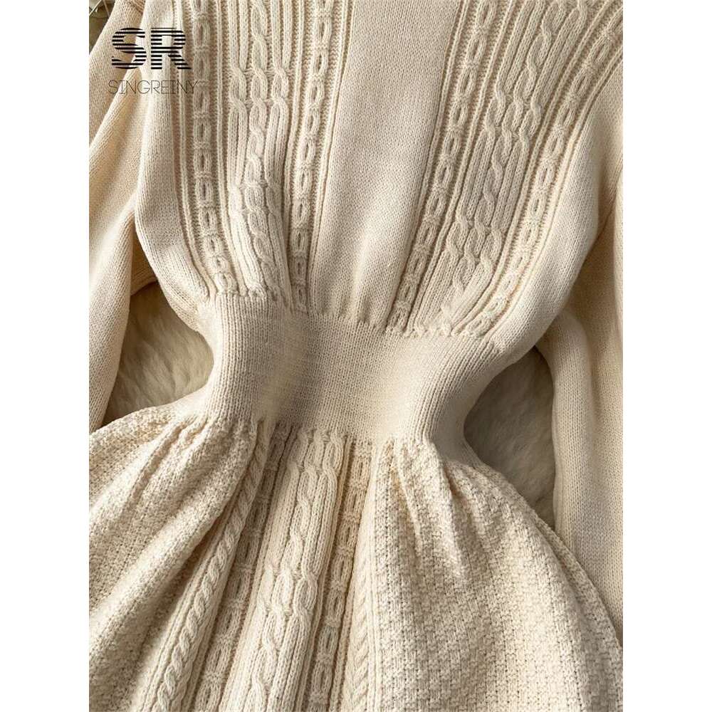 SINGREINY Loose Casual Knit Long Dress Women Solid Elastic Waist Lantern Sleeve O Neck Ladies Fashion Winter Sweater Dresses