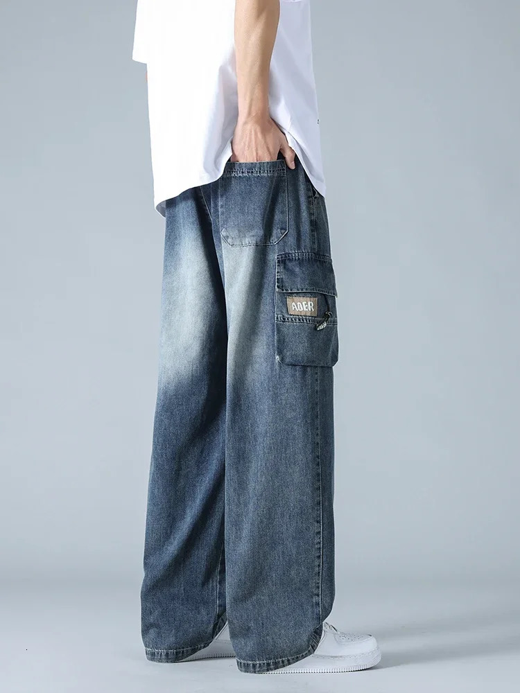 Summer mens jeans with flip pockets thin and lightweight denim work pants large size wide leg loose jeans straight leg pants 250611