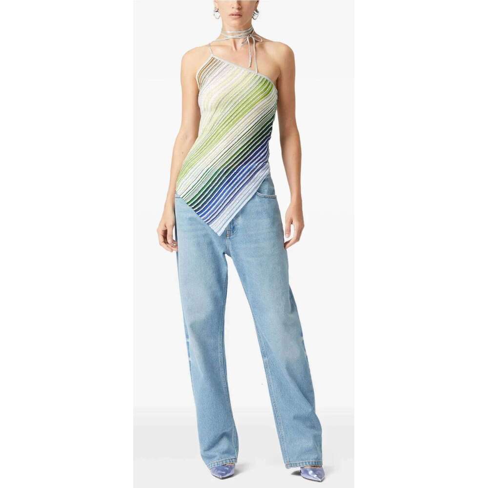 Women Slanted Shoulder Metallic Sequined Striped Knit Camisole Top+ Elastic Waist Wide Leg Long Pants Set