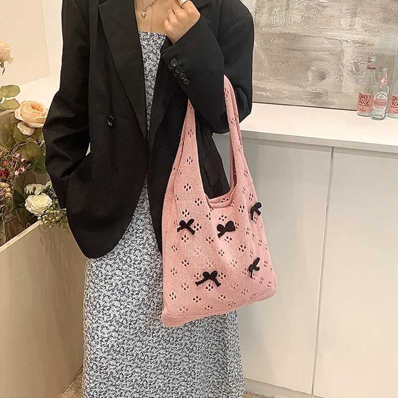 Knitted Bag Women Hollow Out Crochet Bow Design Handbag Large Capacity Handmade Tote Bag Summer Beach Woven Shoulder Bag XJ250610