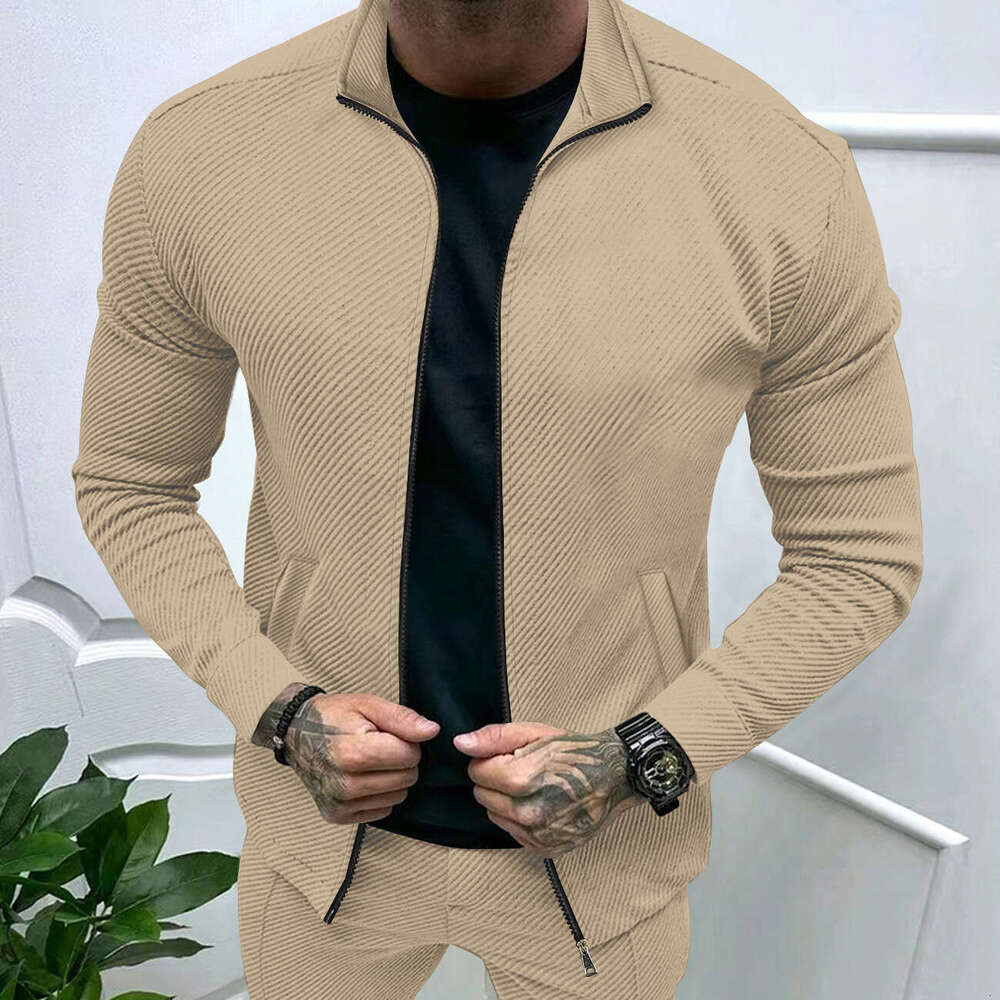Men's Fashion Autumn Winter New Twill Jacquard Long Sleeve Slim Fit Zipper Jacket Coat B5