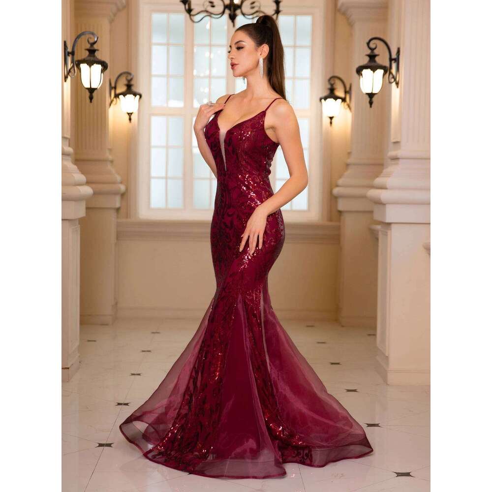 Romagic Deep V Neck Sleeveless White Wedding Party Dress Spaghetti Strap Sequined Evening Gown Women Maxi Dresses 2025