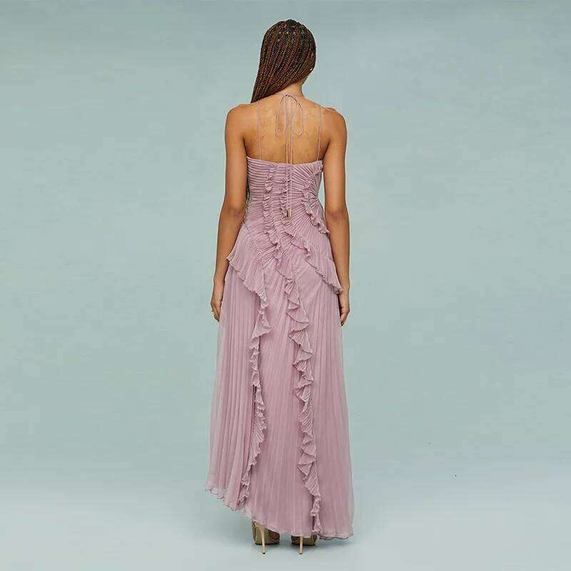 Chic Pleated Halter Neck Long Vacation Dress High Quality Purple Strapless Lotus Edge Maxi Dress 2025 Nw Lady Vacation Gowns