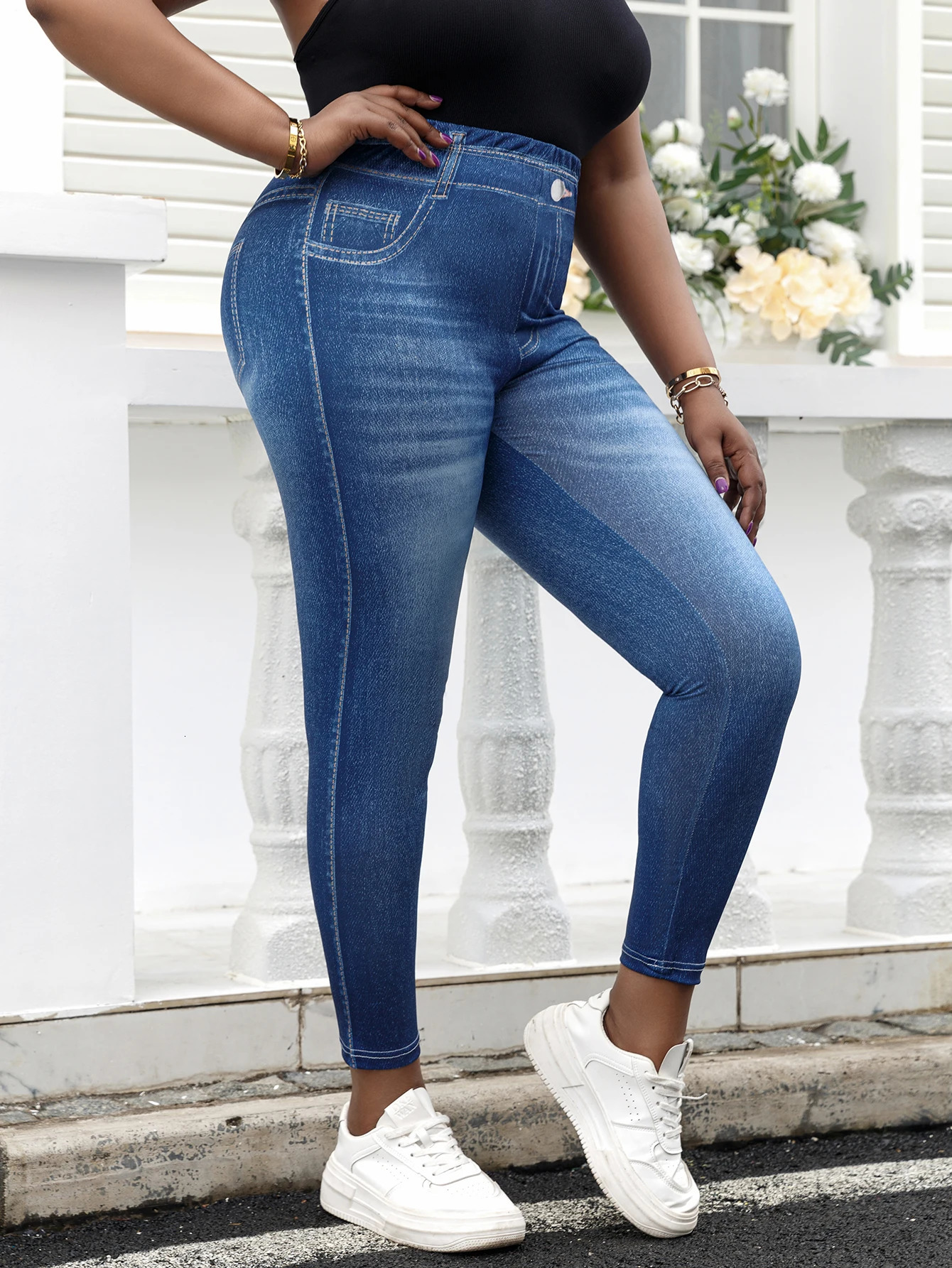 Plus Size Womens Jeans Leggings Vintage Wash n MidWaisted Knit Pants Stretchy and Trendy Athletic Trousers 250609
