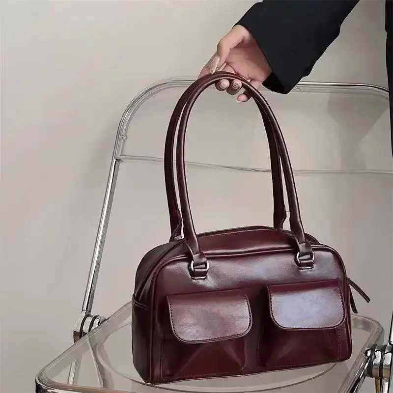 Vintage Women Business Shoulder Bags Simple Ladies Commute Tote Bag Pu Leather Female Underarm Bag Burgundy Large Handbags Purse XJ250610