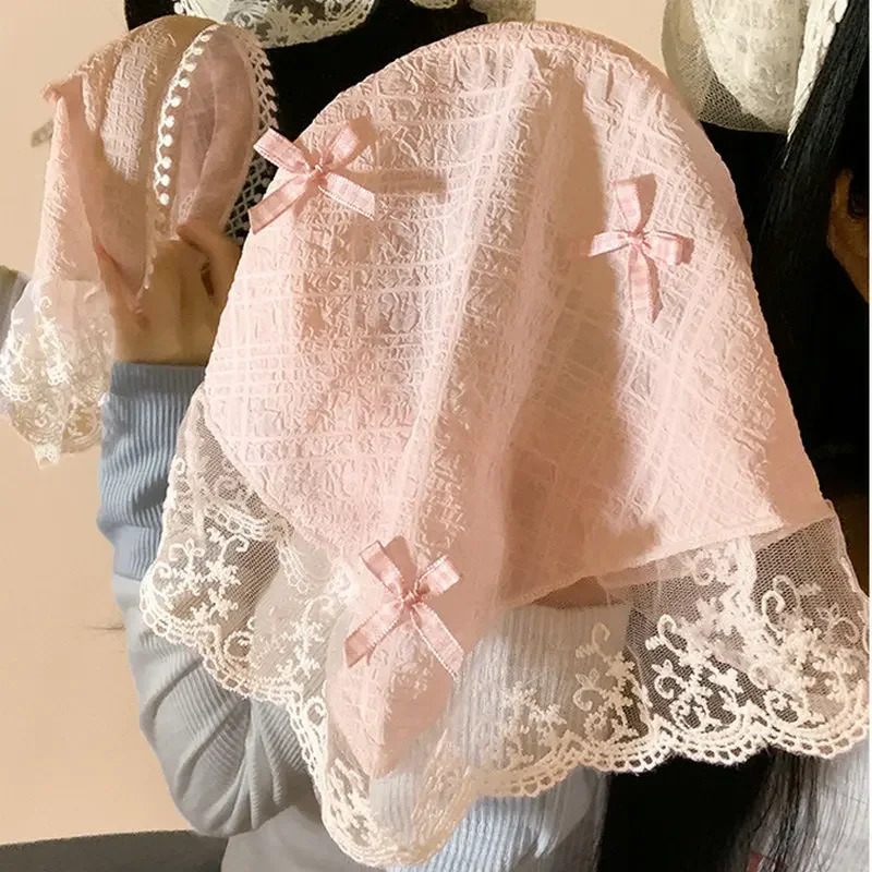 INS Lace Bow Hair Scarf Women Korean Triangle Hair Band Travel Po Headband Sunscreen Headscarf Girls Linen Cotton Neckerchief 250610