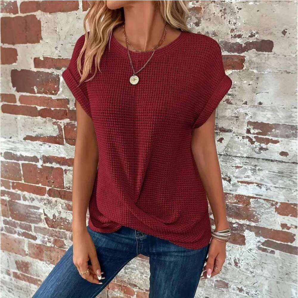 Women Round Collar Short Sleeve Knitted Pullover Sweater Loose Tops YSFS-A1016