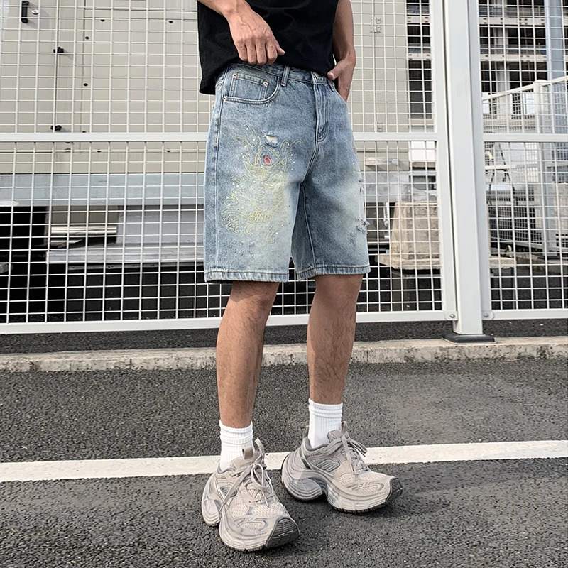 BGC9381 High Street Chinese style embroidery trend handsome diamond denim shorts mens loose casual five-minute pants 250611