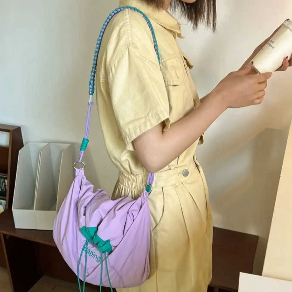 Casual Lightweight Shoulder Bag Contrast Color Letter Crossbody Bag Large Capacity Nylon Drawstring Bag for Girls XJ250610